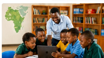Teacher guiding children using a tablet